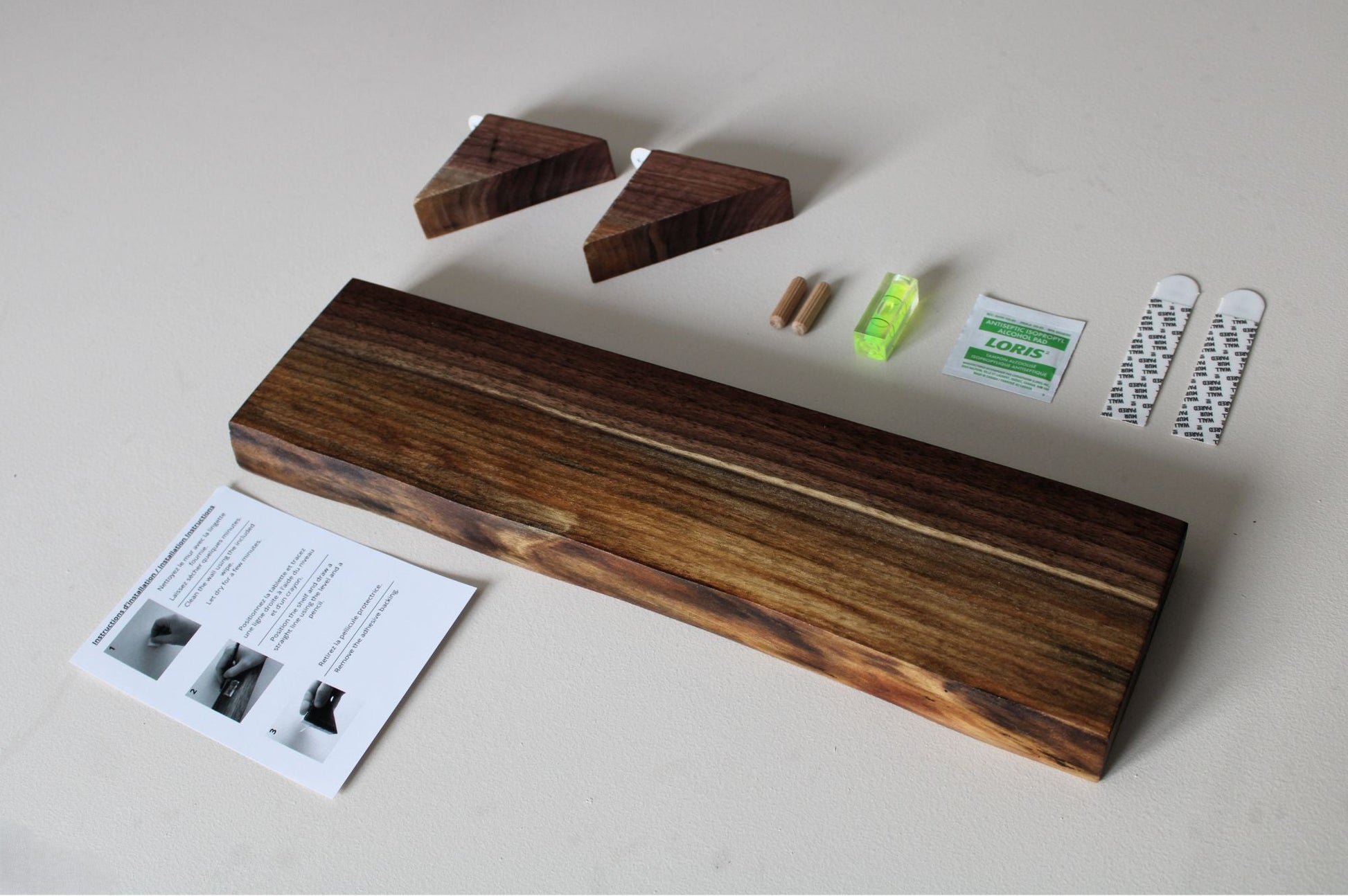 Walnut floating shelf complete installation kit with brackets and mounting accessories